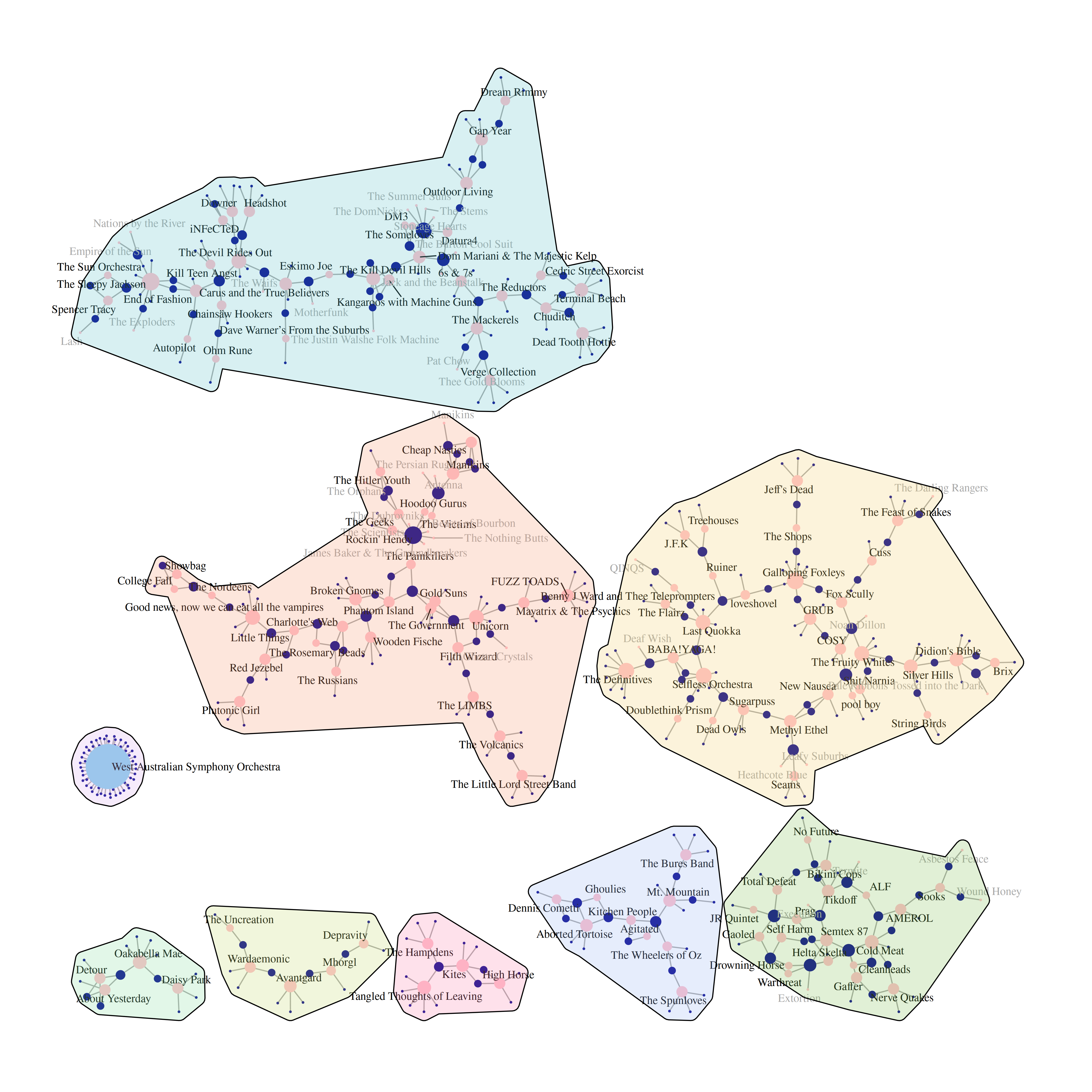 Computer-generated plot of Perth (WA) bands, band members and their relationships, filtered by those with the most connections between each other.