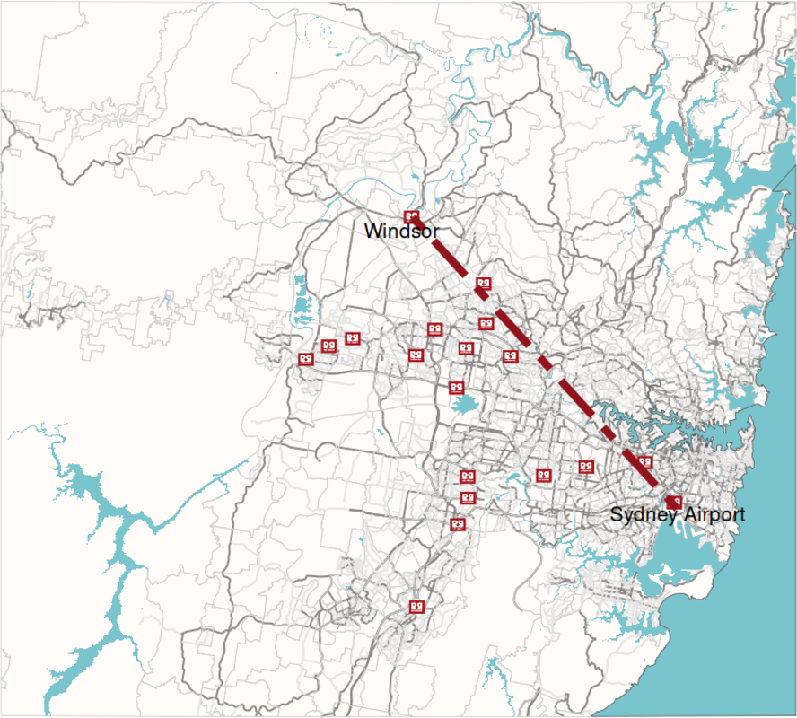 Map of Sydney with Red Rooster line