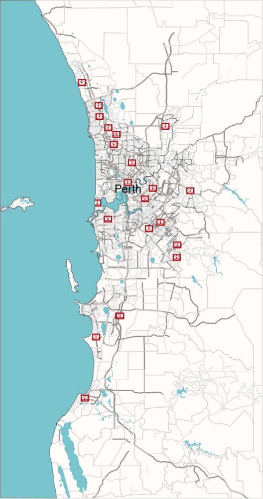 Map of Perth with Red Rooster locations
